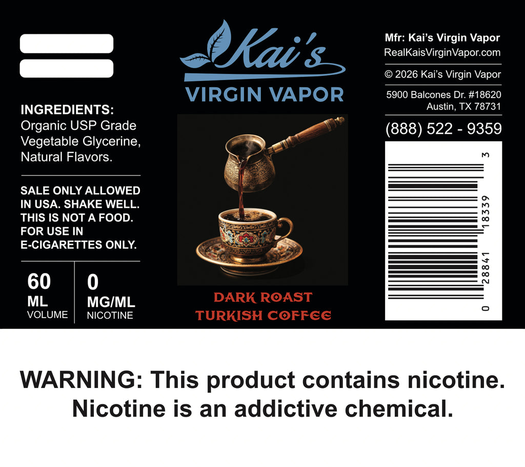 Dark Roast Turkish Coffee Vape Juice - Organic VG - Kai's Virgin Vapor Dark Roast Turkish Coffee Vape Juice - Organic VG - Kai's Virgin Vapor