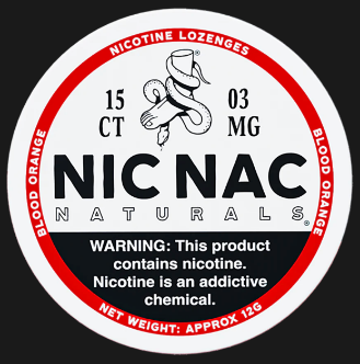 NicNac Naturals nicotine lozenge packaging with warning label on a black background
